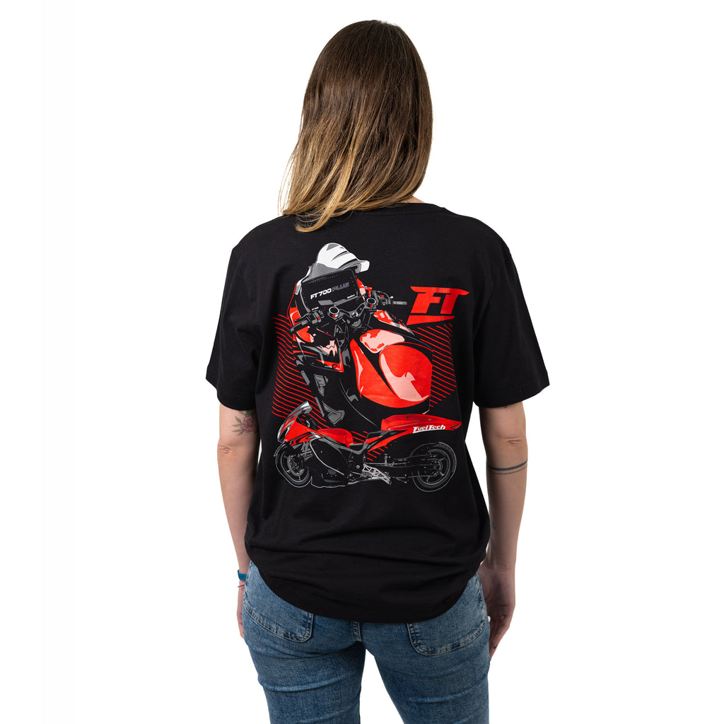 Camiseta Drag Bike FT — modelo feminina de costas mostrando a estampa da moto